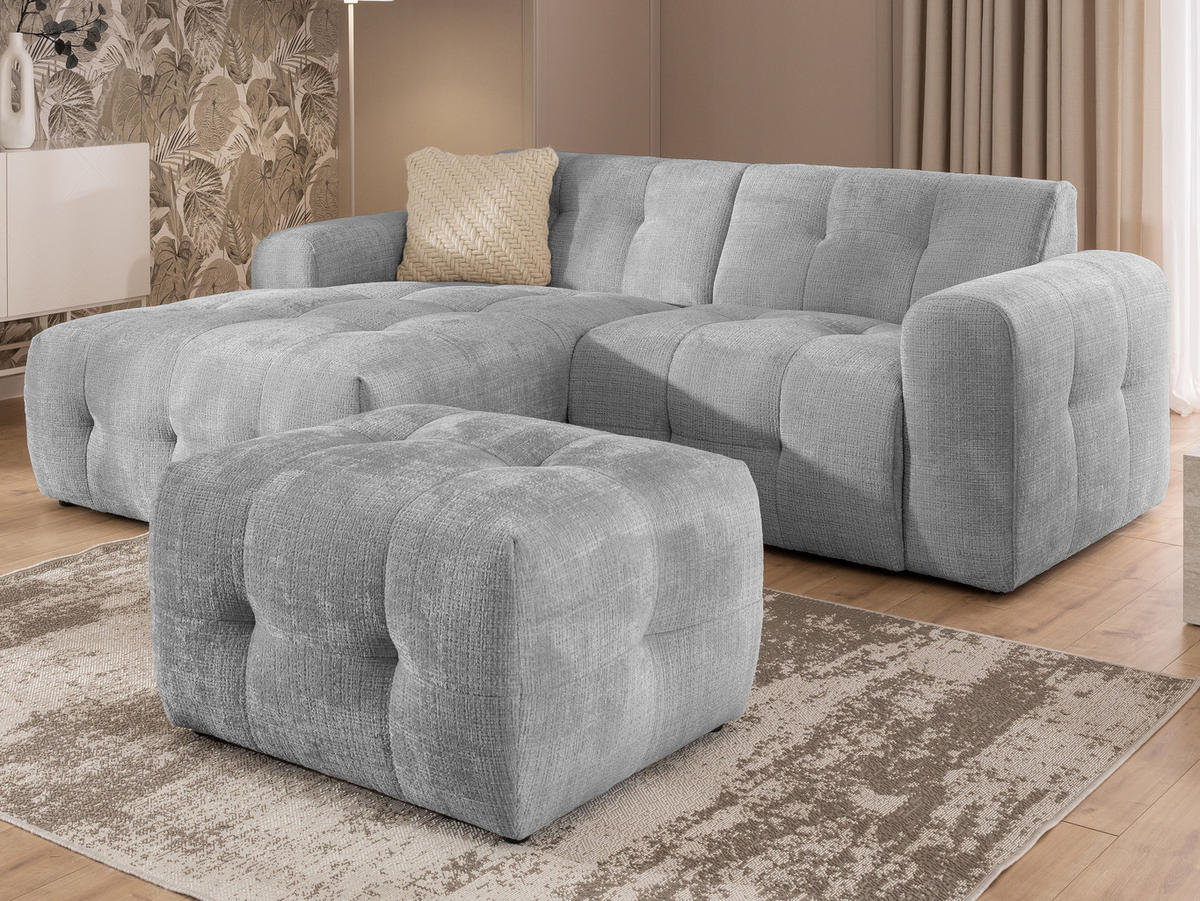 ECKSOFA inkl. Hocker Kozy im Bumpy-Design mit Schlaffunktion und fester Rückenlehne aus weichem Hellgrau Chenille-Stoff - Ottomane links - Hellgrau/Schwarz, Holz/Kunststoff (161/234cm) - S-Style Möbel