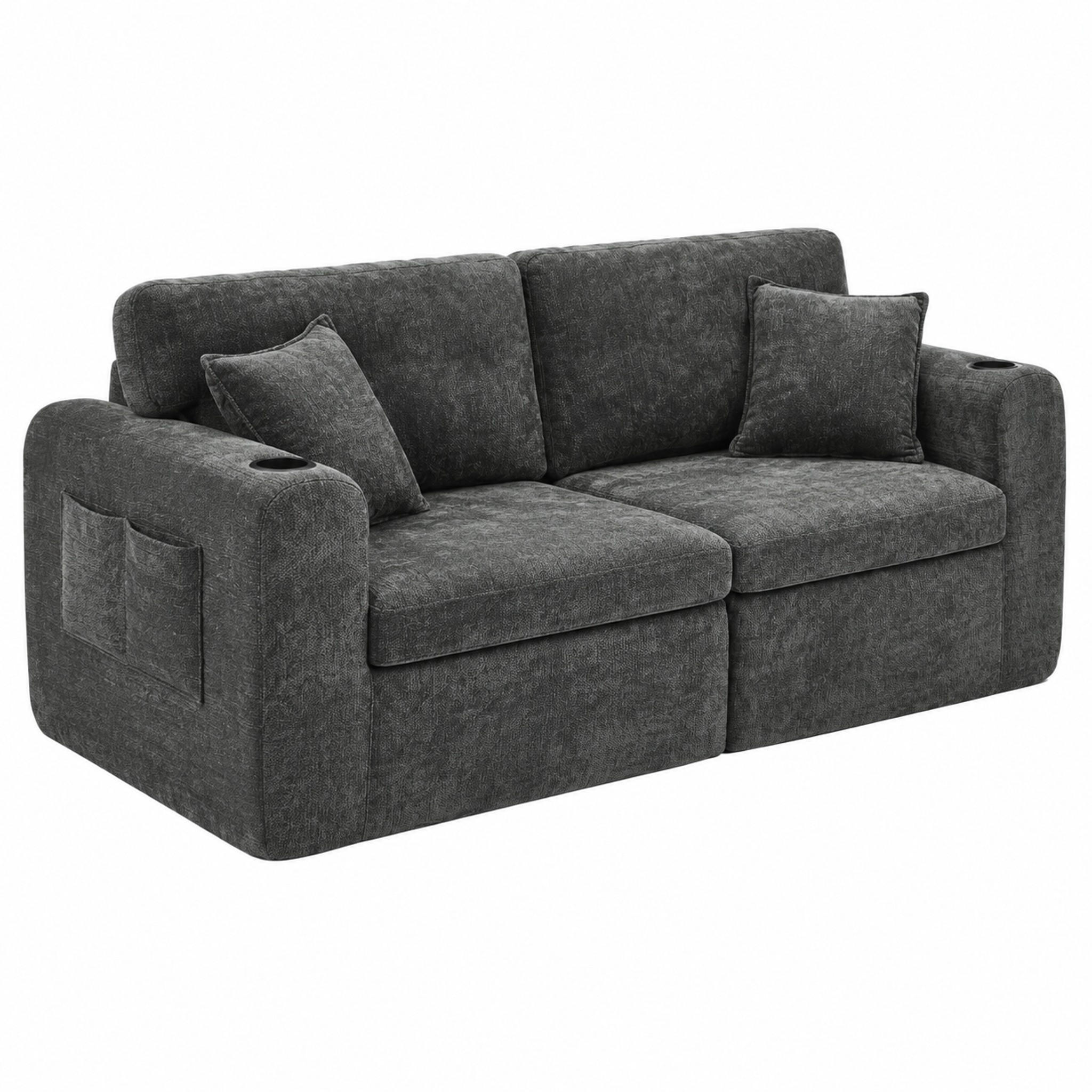 2-SITZER-RELAXSOFA mit Getränkehalter und Tasche, Chenille Schwarz - Schwarz, Kunststoff (220/89/100cm) - Meubliv