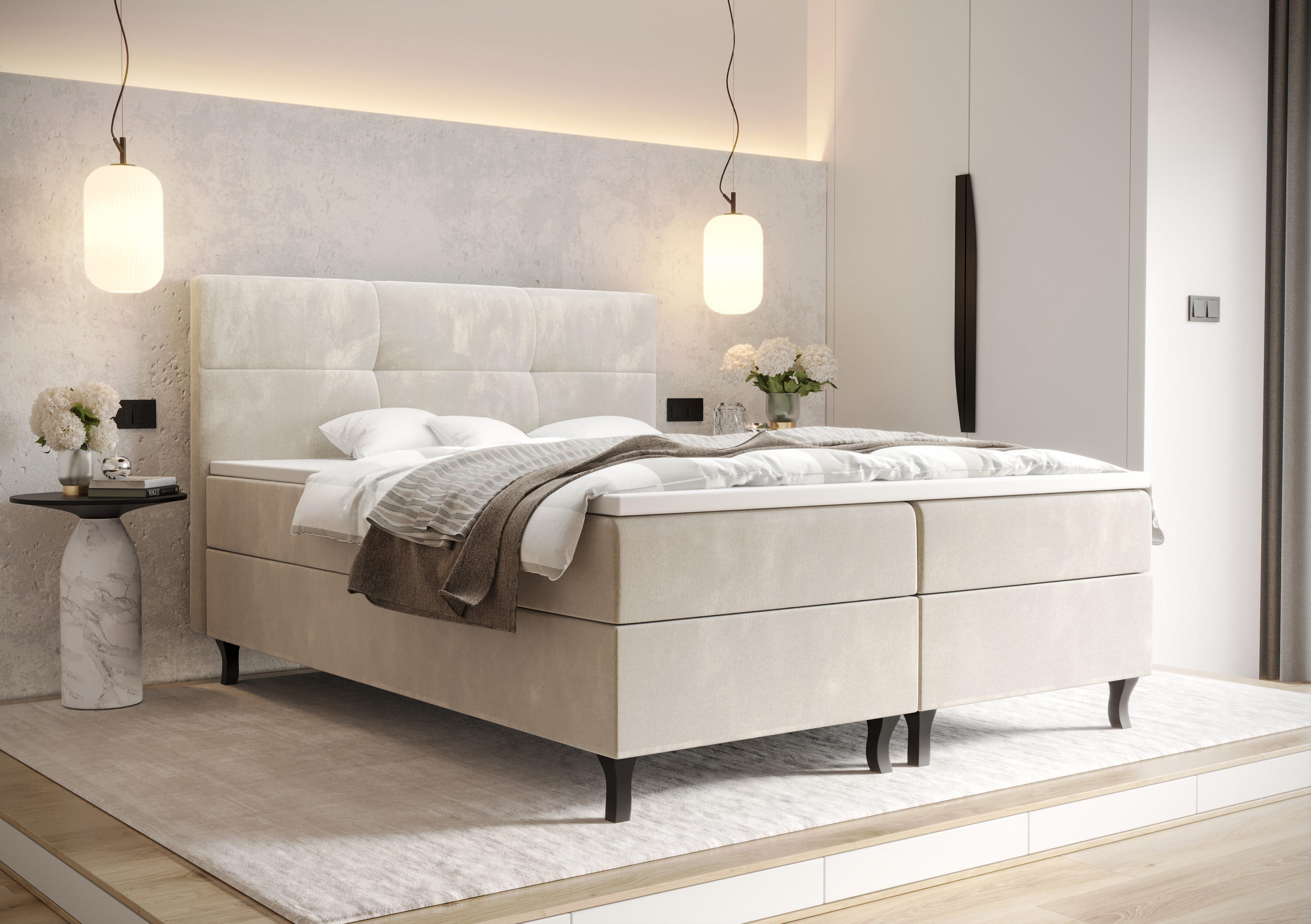 BOXBETT LIMBA mit Matratze H3, Bonell und Topper 180x200 Monolith 02 - Creme, Holz/Textil (180/200cm) - Bedante