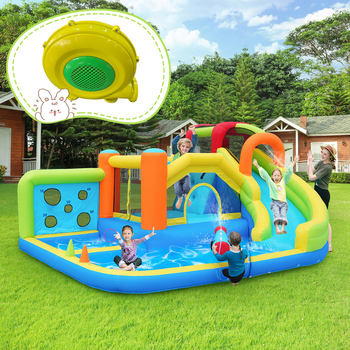 HÜPFBURG Kinder Wasserpark Trampolin Rutsche Basketball Klettern - Blau, Textil (410/315/203cm) - FLIEKS