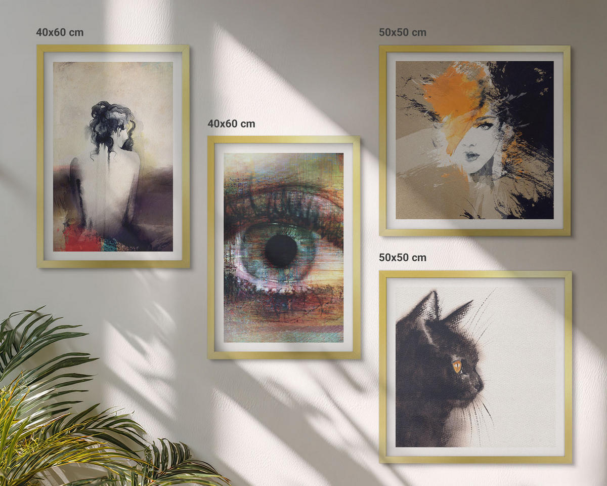 BILDER SET 4er Set - 50x50 cm & 40x60 cm Goldrahmen - Porträt einer Frau, Auge, Farben, Emotionen - Goldfarben, Kunststoff (50/50cm) - TULUP