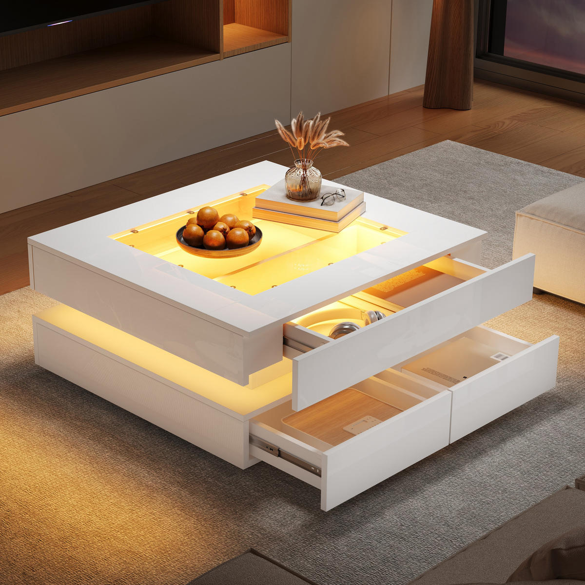 COUCHTISCH weiß aus Spanplatte mit gehärteter Glasplatte und App-gesteuerter USB-LED 70 × 70 × 35 cm - Weiß, Holzwerkstoff (70/70/35cm) - Luhomfu