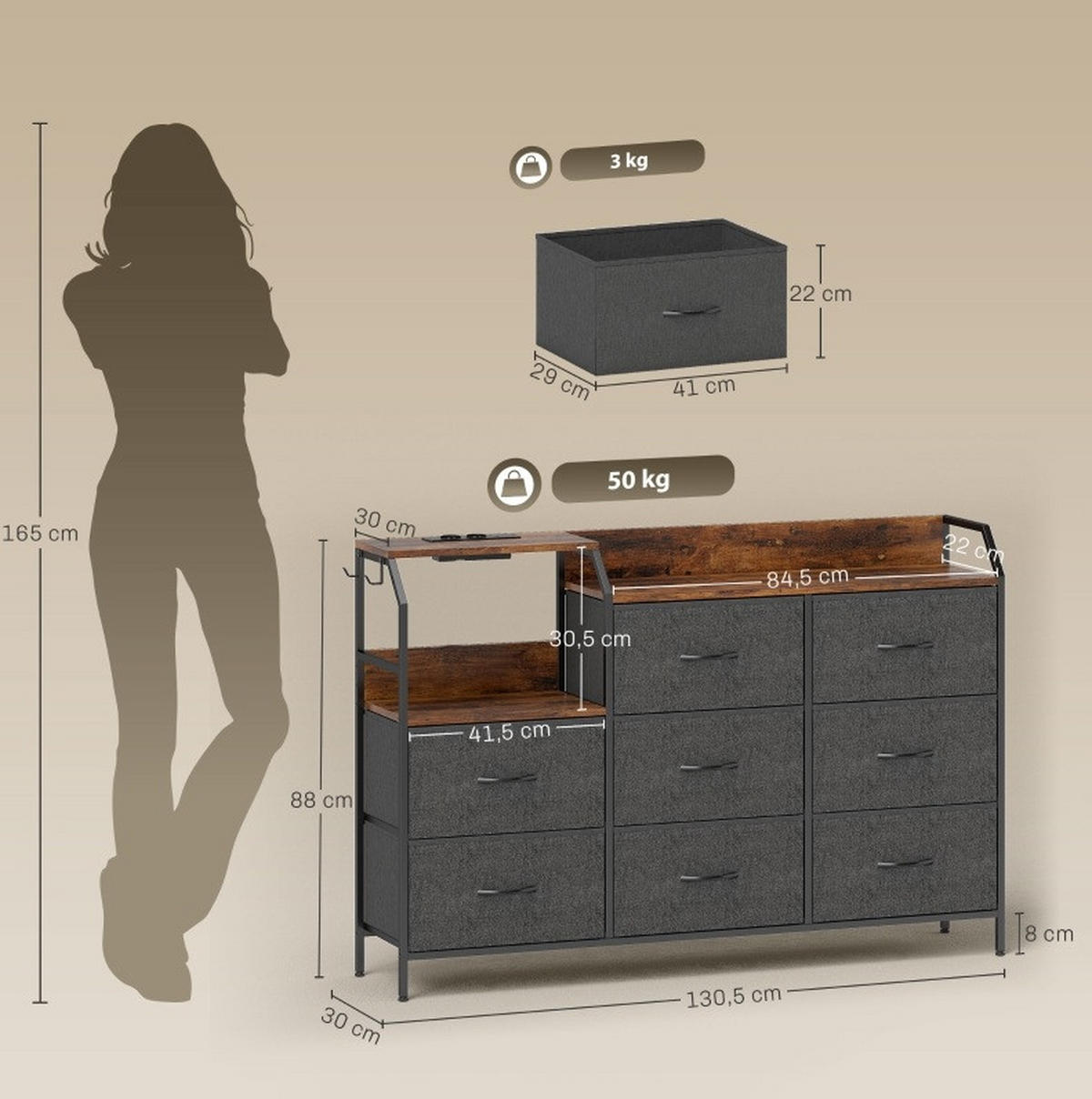 KOMMODE 130,5/30/88 cm mit 8 Schubladen und Ladestation – Industrial-Look in Braun/Schwarz - Schwarz, Textil (130.5/88/30cm) - BEAOK