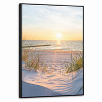 LEINWAND Bilder mit Rahmen - Strand - Sonne - Düne - Gras - Sand - Horizont - 50x70 - Hellblau, Textil (50/70cm) - MuchoWow