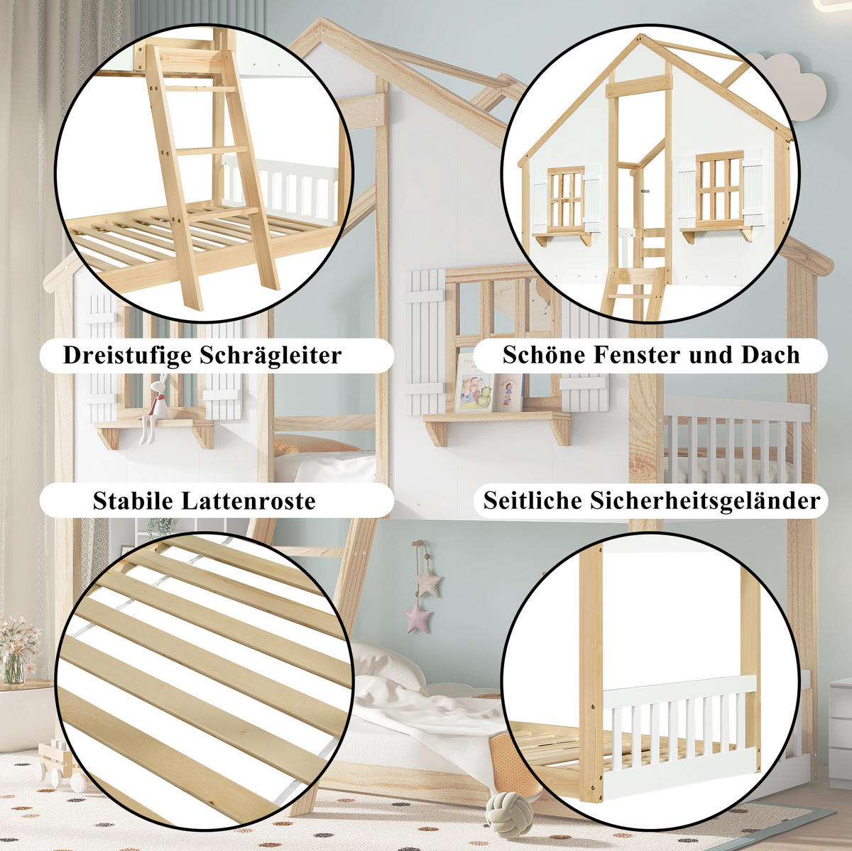 HAUSBETT 90/200 cm Weiß/Natur mit Dach, Fenstern und Sicherheitsgeländer - Weiß, Holzwerkstoff (90/200cm) - Flora Grace