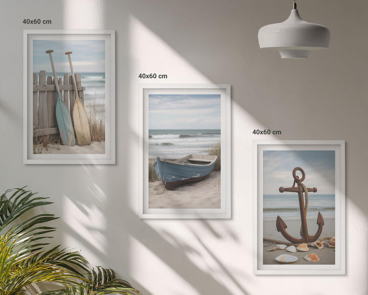BILDER SET 3er Set - 40x60 cm Weißer Rahmen - Strandbootanker Sand - Weiß, Kunststoff (40/60cm) - TULUP