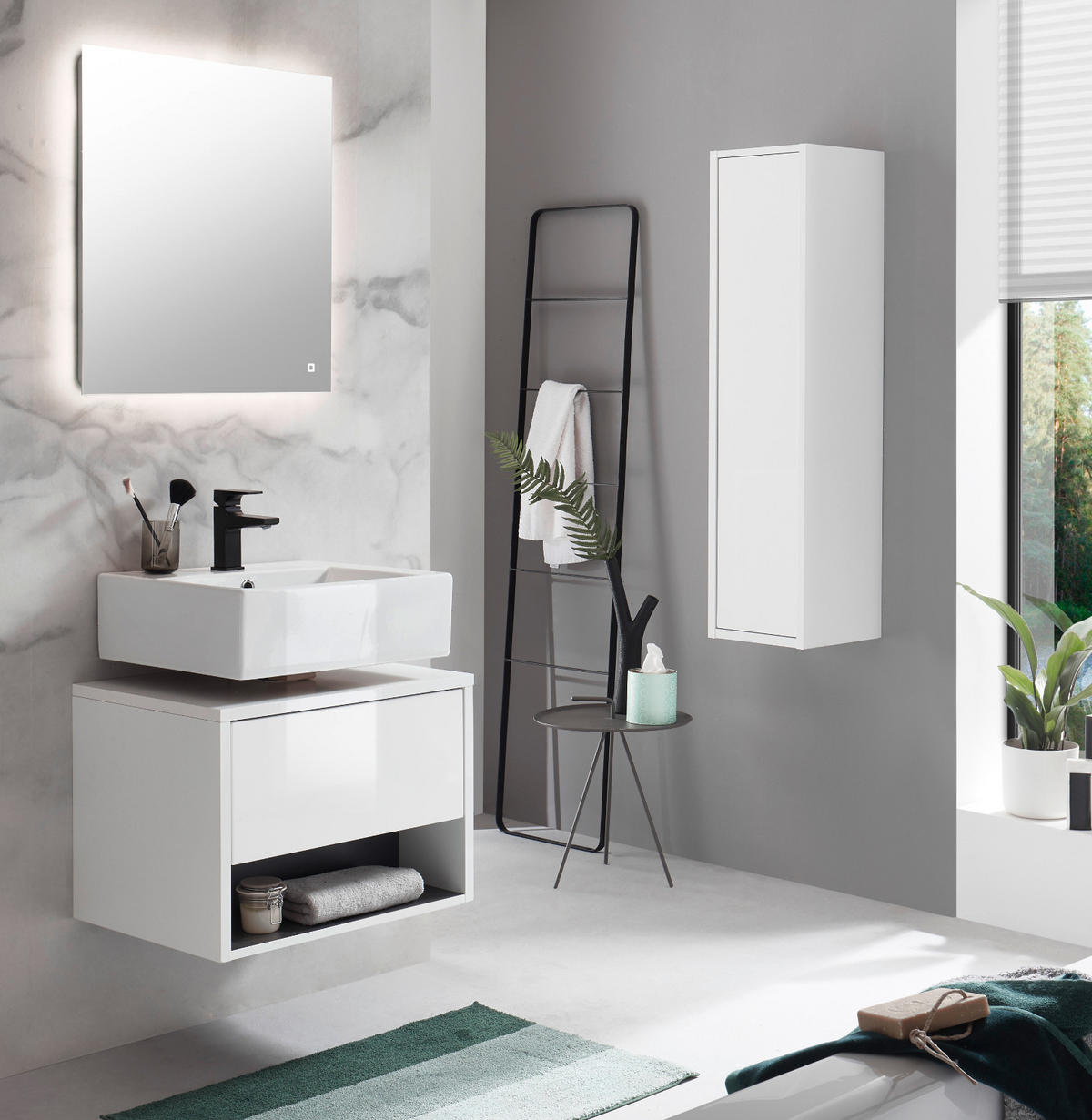 BADMÖBEL-SET 3-teilig weiß Hochglanz, grau mit LED Beleuchtung 100 cm - Weiß Hochglanz/Grau, Glas/Holzwerkstoff (100/190/46cm) - Furn.Design