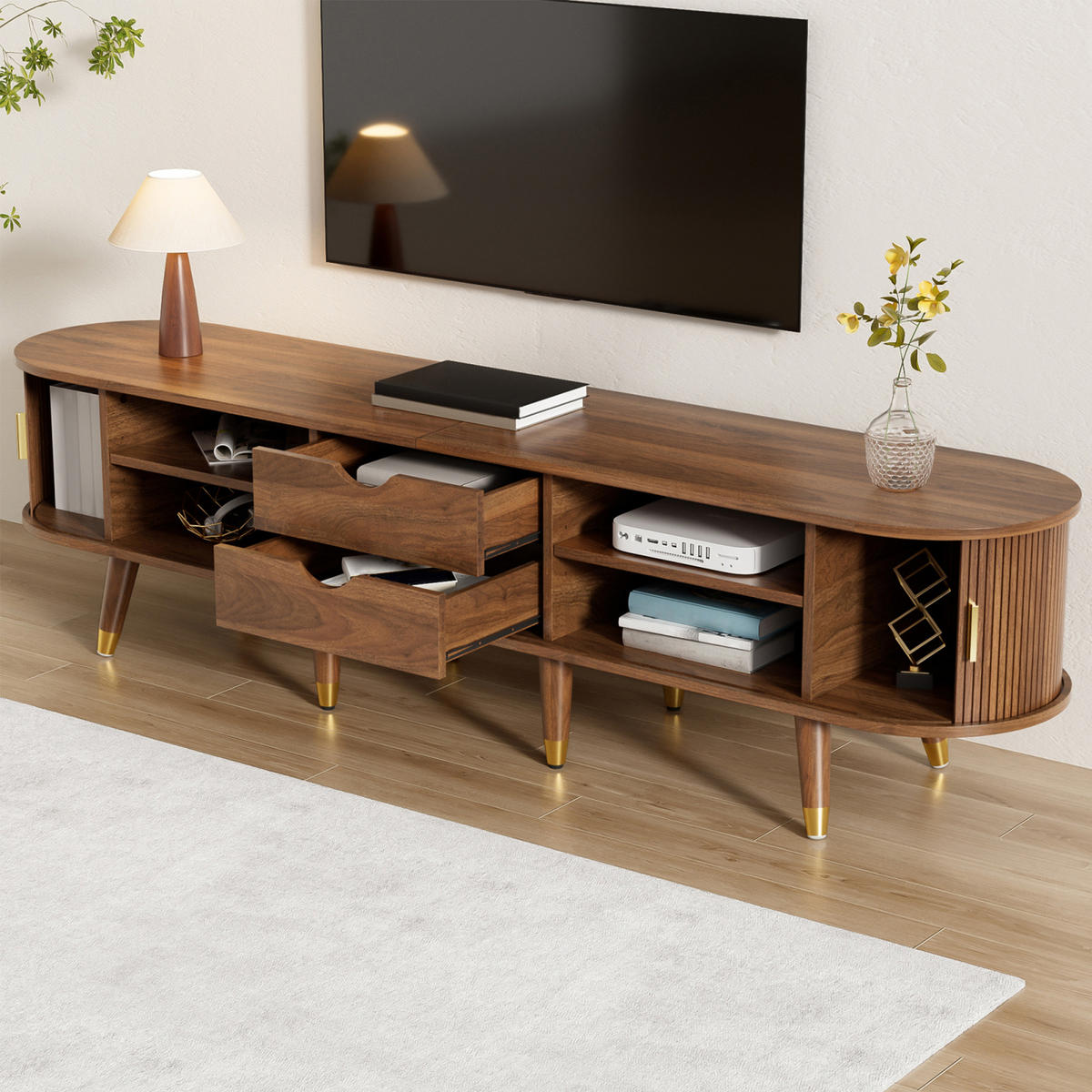 TV-ELEMENT mit Stauraum, 2 Schubladen und 2 Türen, Wohnzimmermöbel, Landhausstil - Braun, Holz/Holzwerkstoff (38/45/175cm) - GENKI LIVING