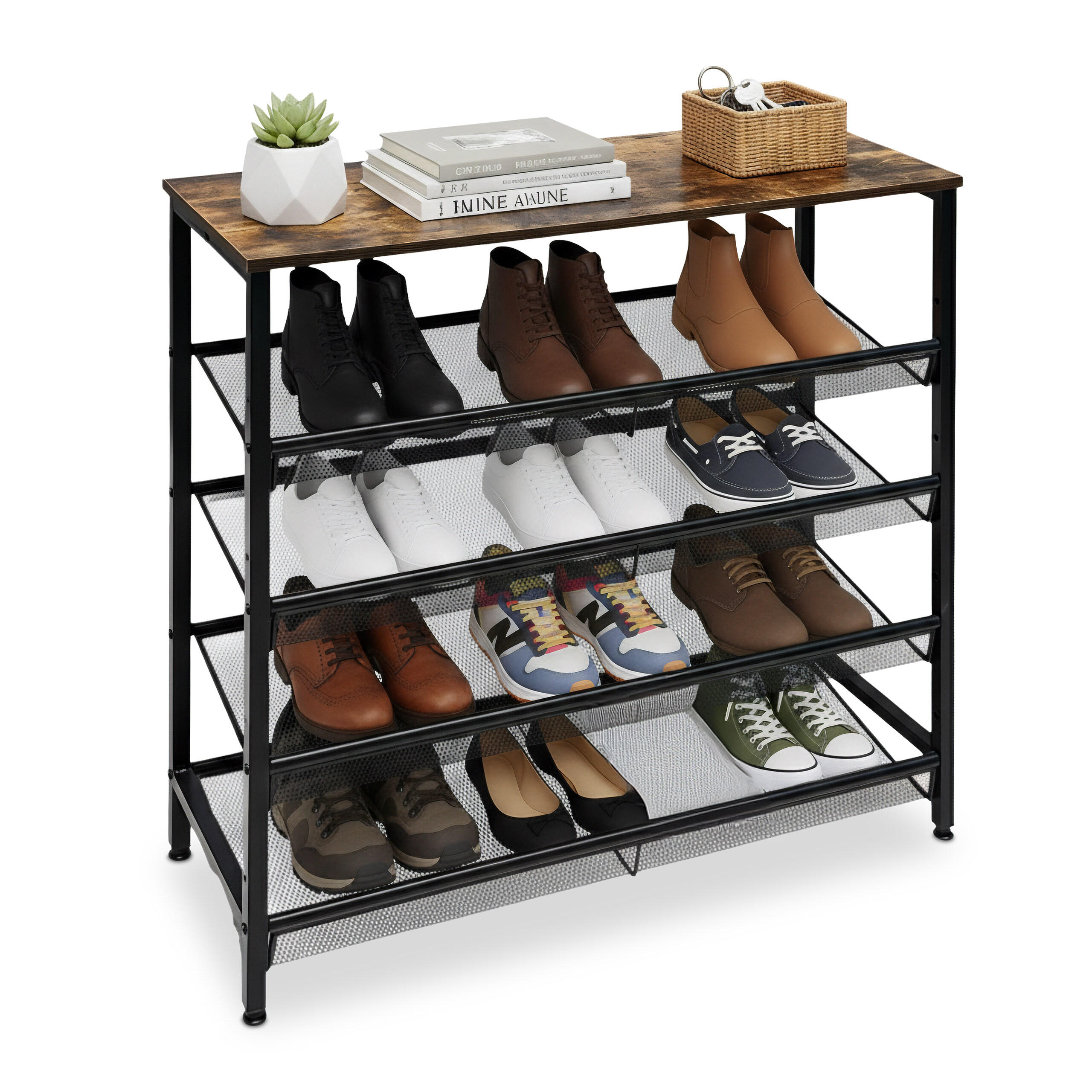 SCHUHREGAL - Schwarz, Holzwerkstoff/Metall (80/85/30cm) - Relaxdays