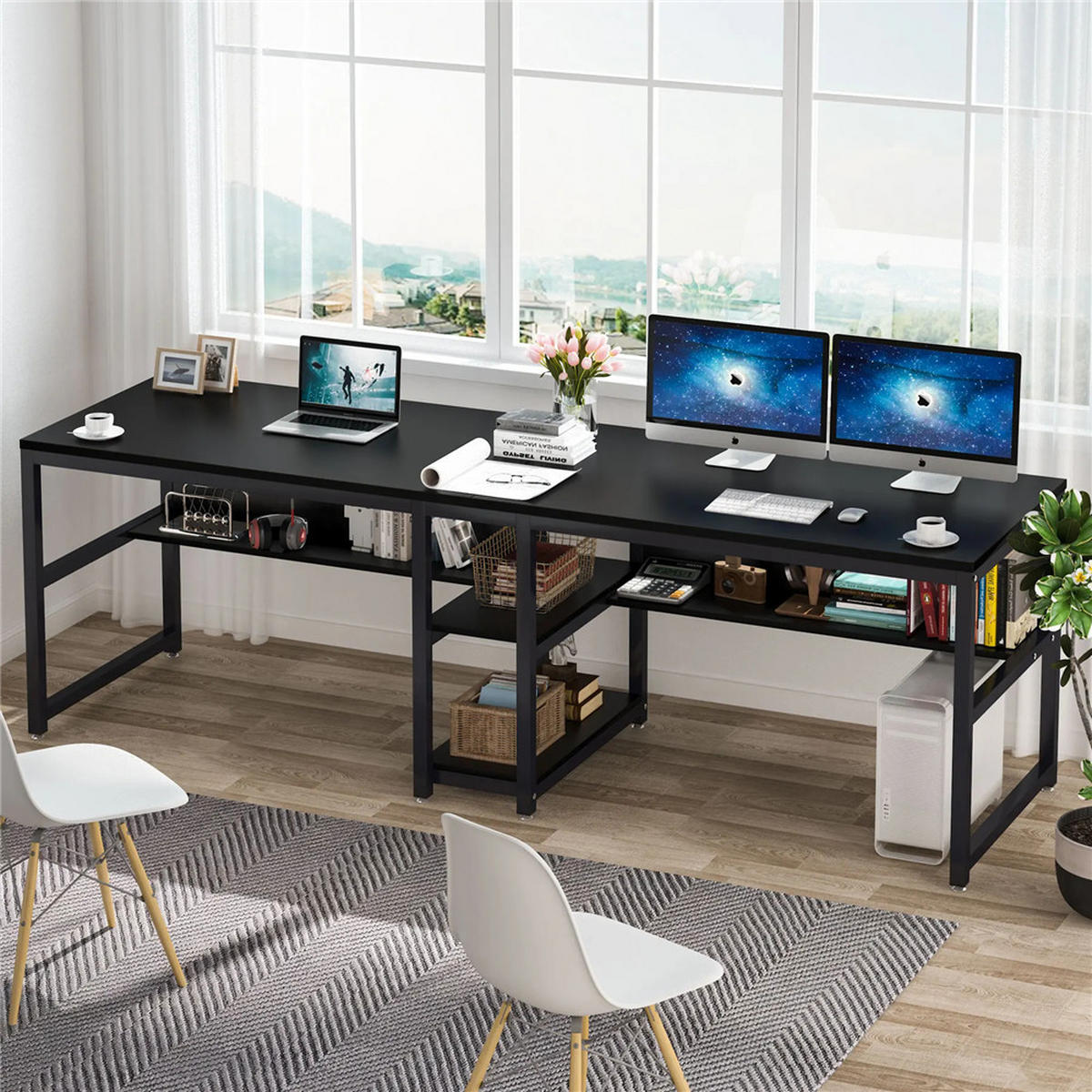 SCHREIBTISCH 200/60/75 cm Doppel Computertisch 2 Personen - Schwarz, Metall (200/60/75cm) - Kaket