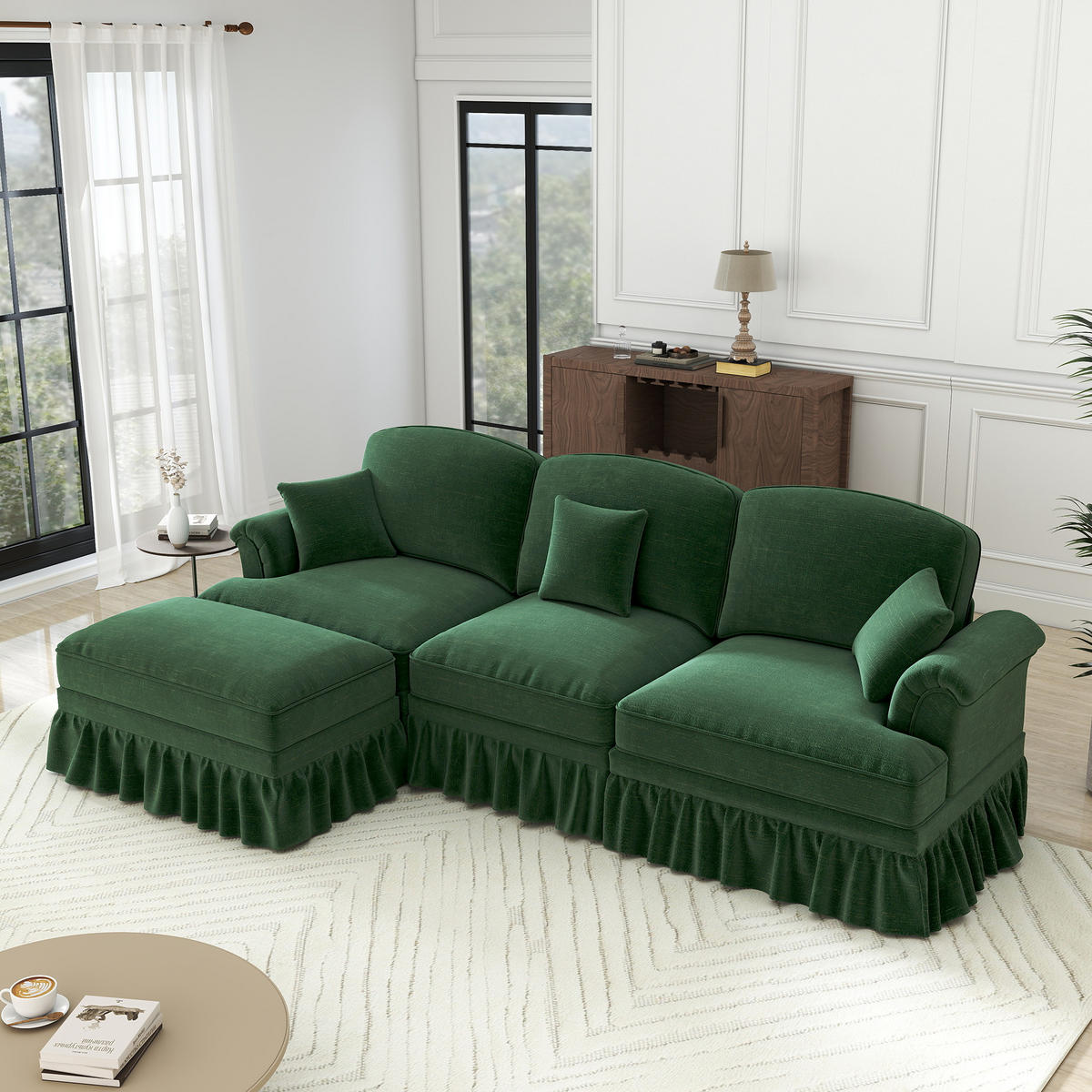 MODULARES Ecksofa Chenille mit Hocker und abnehmbarem Rüschenrock 272/140/93 cm Grün - Grün, Textil (140/272cm) - Redom