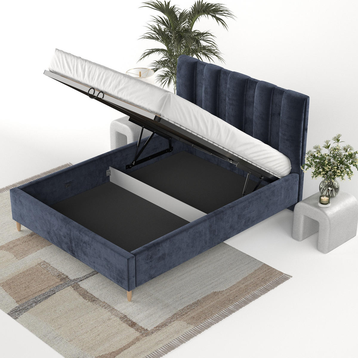 POLSTERBETT Loom 160/200 cm Marineblau im Lotta Stoff - Naturfarben/Dunkelblau, Holz/Holzwerkstoff (160/200cm) - AltaBeds