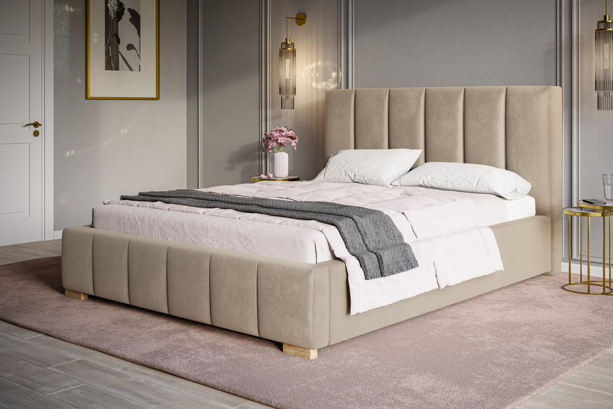 POLSTERBETT Tokio, 140x200 cm, mit Bettkasten und Lattenrost aus Holz, Velourstoff, Farbe: Beige - Beige, Holz/Kunststoff (140/200cm) - Alpi-Möbel
