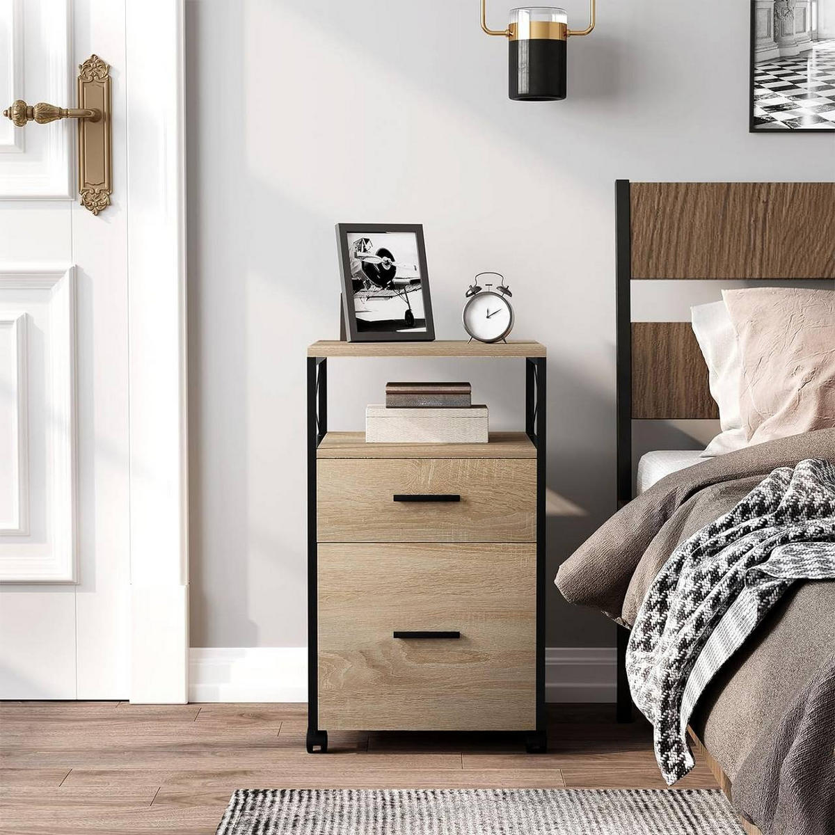 ROLLCONTAINER mit 2 Schubladen, Helle Eiche - Eichefarben/Schwarz, Holzwerkstoff/Metall (40/69/40cm) - Woltu