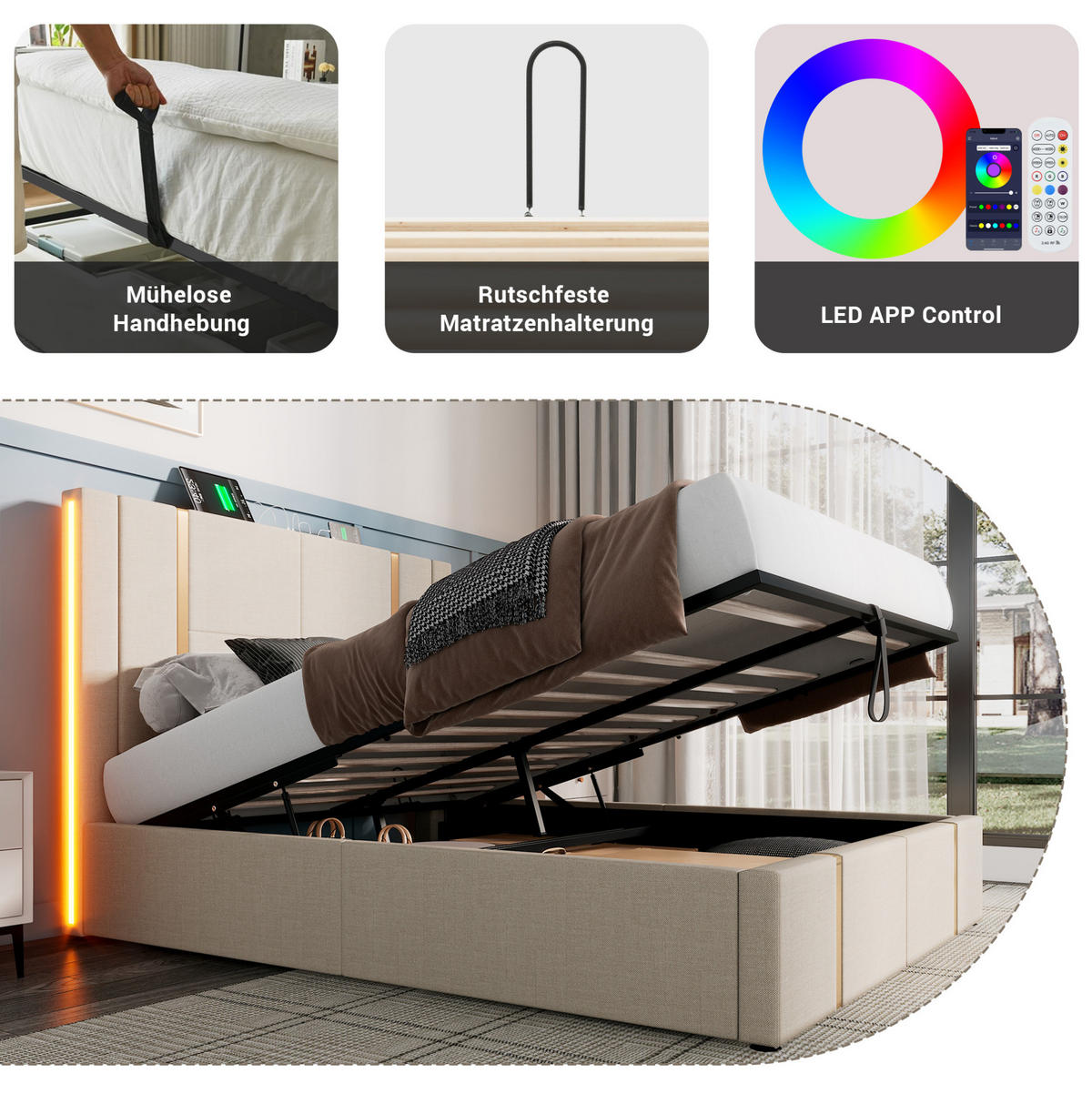 POLSTERBETT 140/200 cm Beige aus Leinen mit Stauraum, LED und Matratze - Beige, Textil (140/200cm) - OKMYHOME