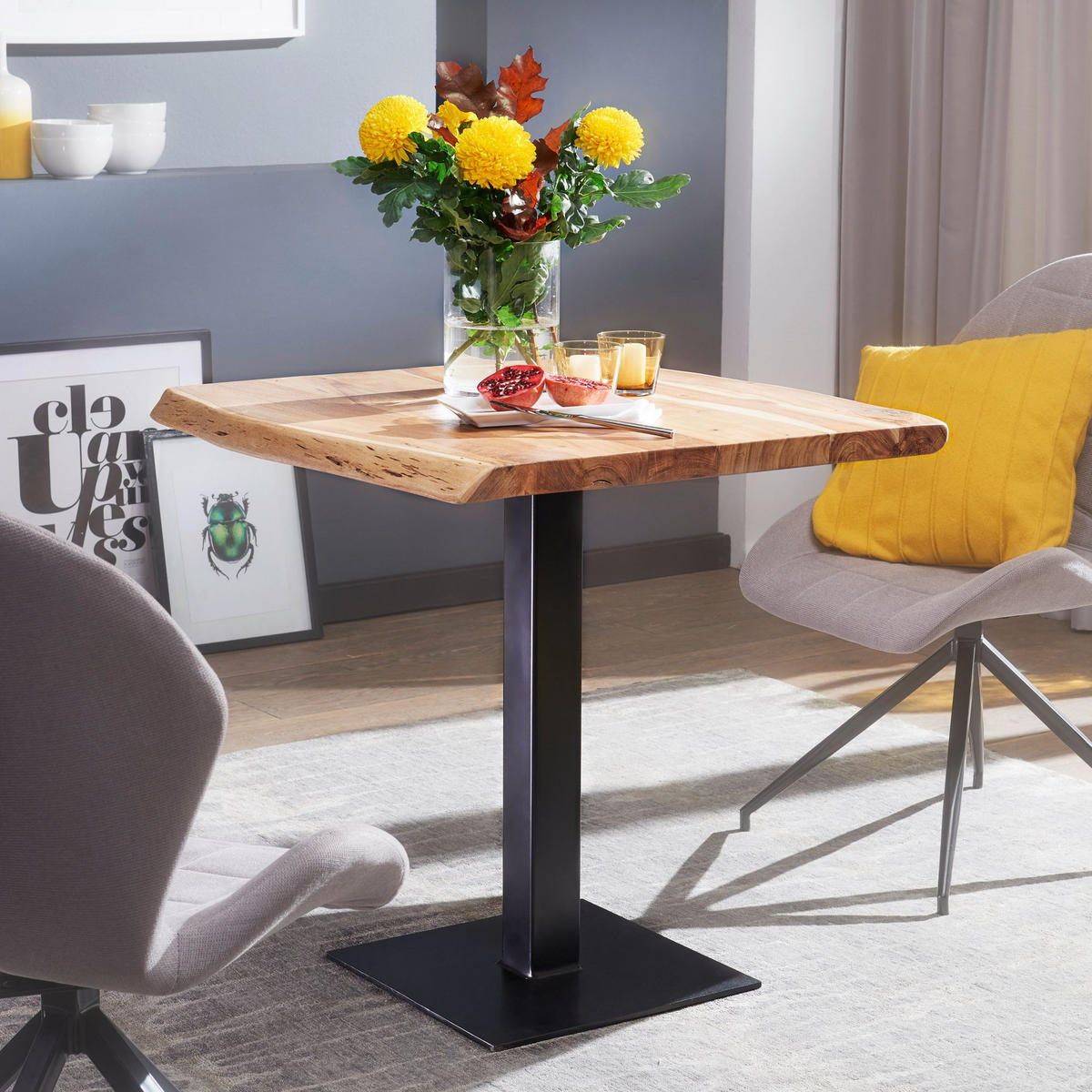 ESSTISCH – Massivholz quadratisch Baumkante Edelstahlfuß Unikat - Beige/Schwarz, Holz/Metall (75/80/75cm) - KADIMA DESIGN