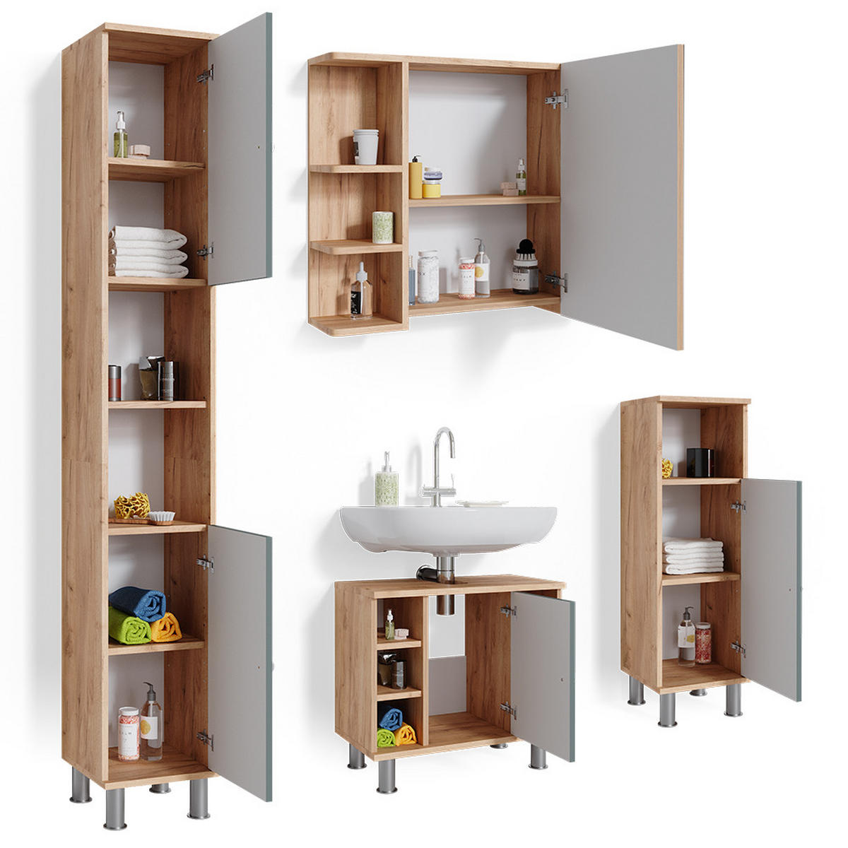 BADMÖBEL-SET Fynn Grün 4 Teile - Eiche Wotan/Grün, Holzwerkstoff (60/54/32cm) - Vicco