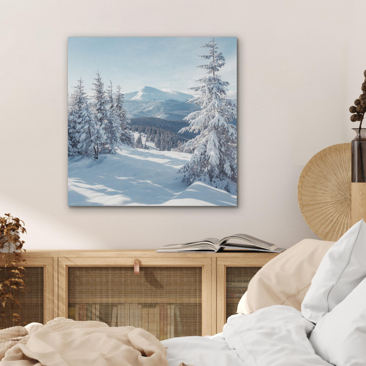 AKUSTIKBILD Winterlandschaft - Natur - Berge - Bäume - Schnee Wandbilder 60x60 cm - Hellblau, Kunststoff (60/60/0.9cm) - MuchoWow