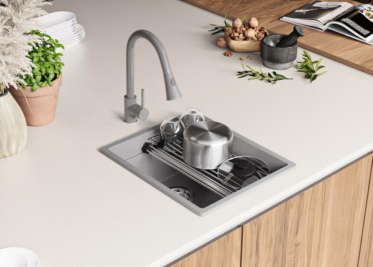 GRANITSPÜLE Praga Slim, 2-er set Grau 41/47 cm 1 Becken + Küchenarmatur 40/20 cm + Ablauf-Set + Aufrollbare Abtropffläche ab 45er Unterschrank - Chromfarben/Grau, Kunststoff (41/20/47cm) - Primagran