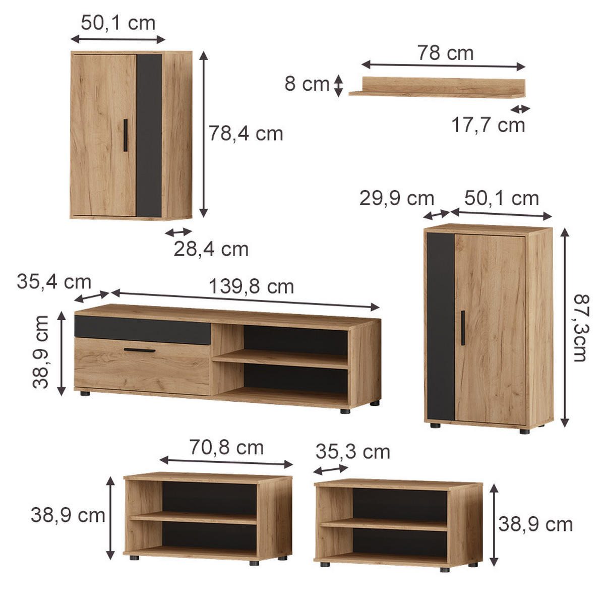NÁSTENNÁ SKRINKA Berno, Dub Goldkraft/antracitová, 6-dielna sada - dub medový/antracitová, kompozitné drevo (140/38.7/35.2cm) - Vicco