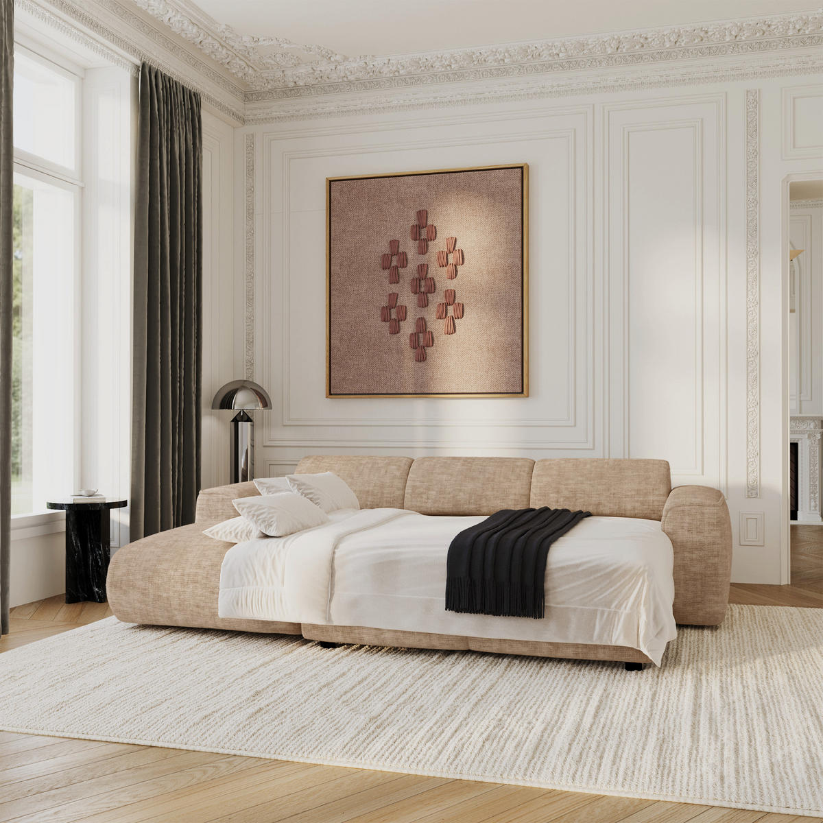 ECKSCHLAFSOFA Texturierter Samt Taupe 283cm - Taupe, Textil (283/180cm) - Sia Home