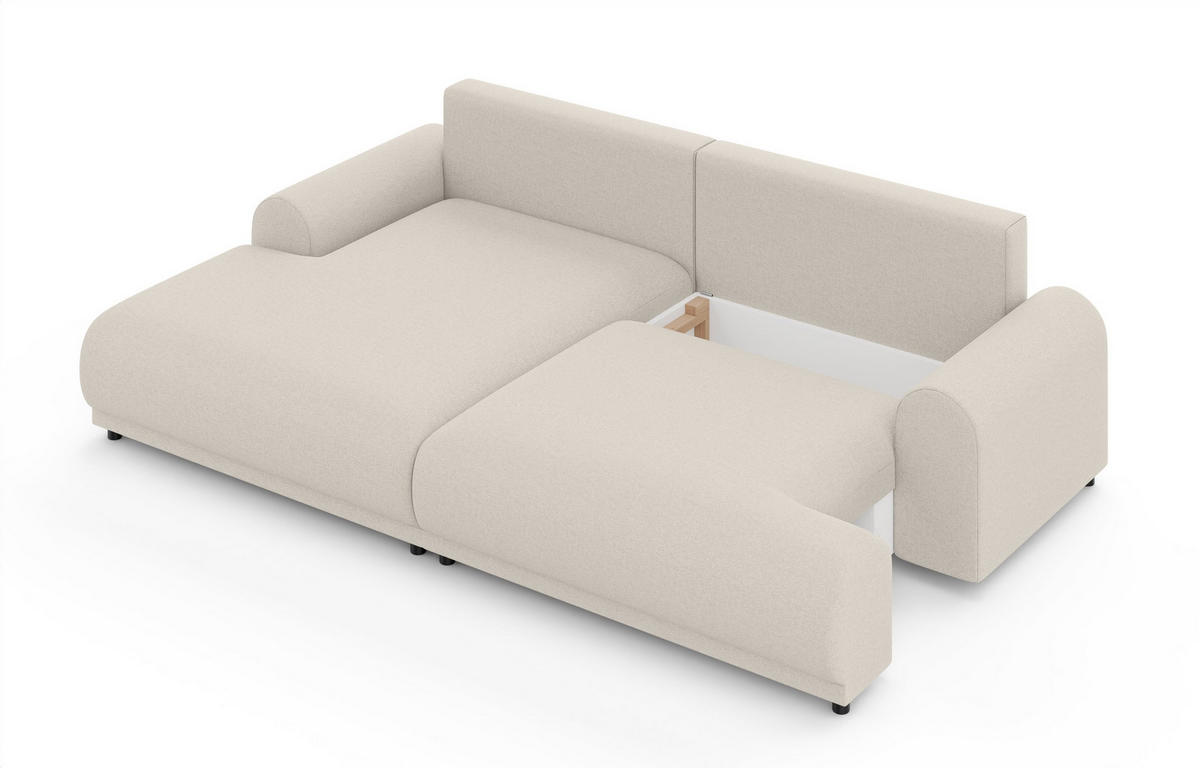 ECKSOFA mit Schlaffunktion, Bettkasten, extrabreite Ottomane links, abgerundete Armlehnen, B240/T145/H81 cm, Strukturstoff Beige / 21032 - Beige/Schwarz, Kunststoff/Textil (240/145cm) - luma-home