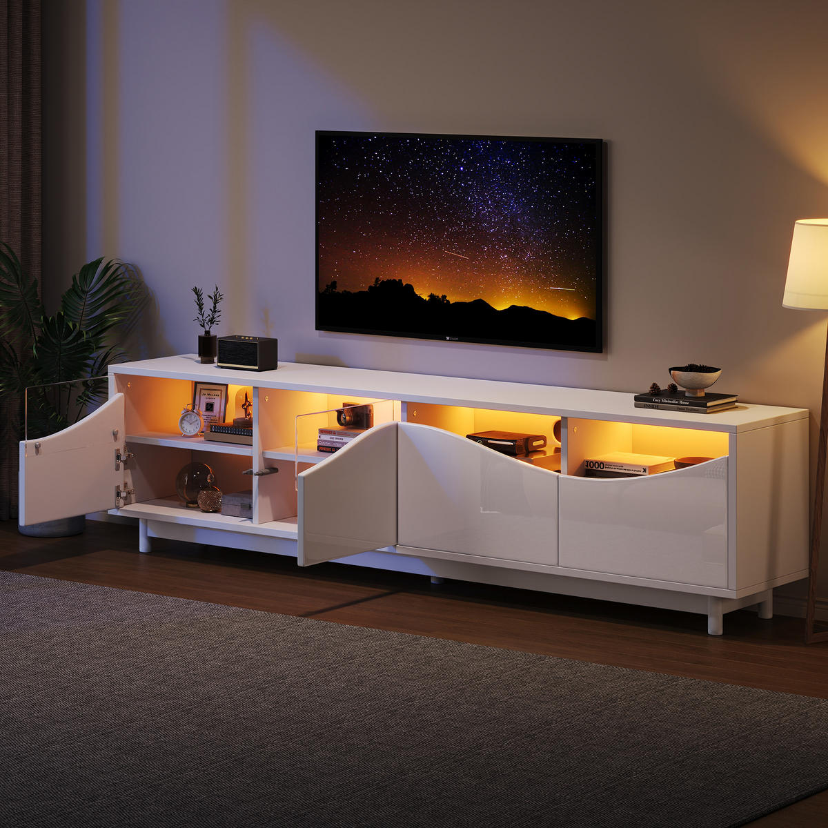 TV-SCHRANK 175x38cm geschwungenes Design Hochglanzweiß LED Glastür - Weiß, Holz (49/27.94/61.98cm) - FLIEKS