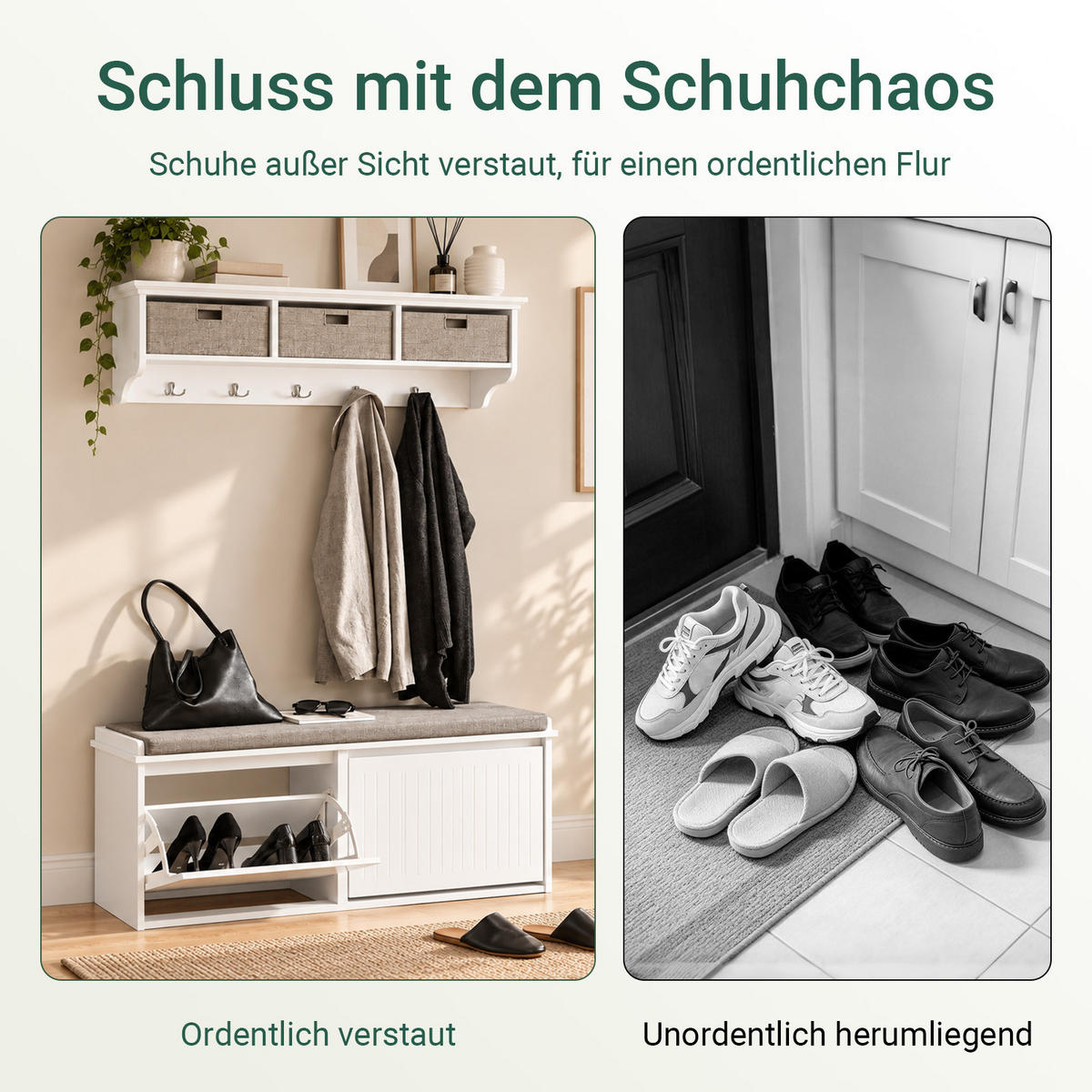 SCHUHBANK Weiß, 100 x 46 x 26 cm, 2 Klappen für ca. 8 Paar Schuhe, bis 158 kg, abnehmbares Sitzpolster, Filzgleiter - Weiß, Holzwerkstoff (100/46/26cm) - SoBuy