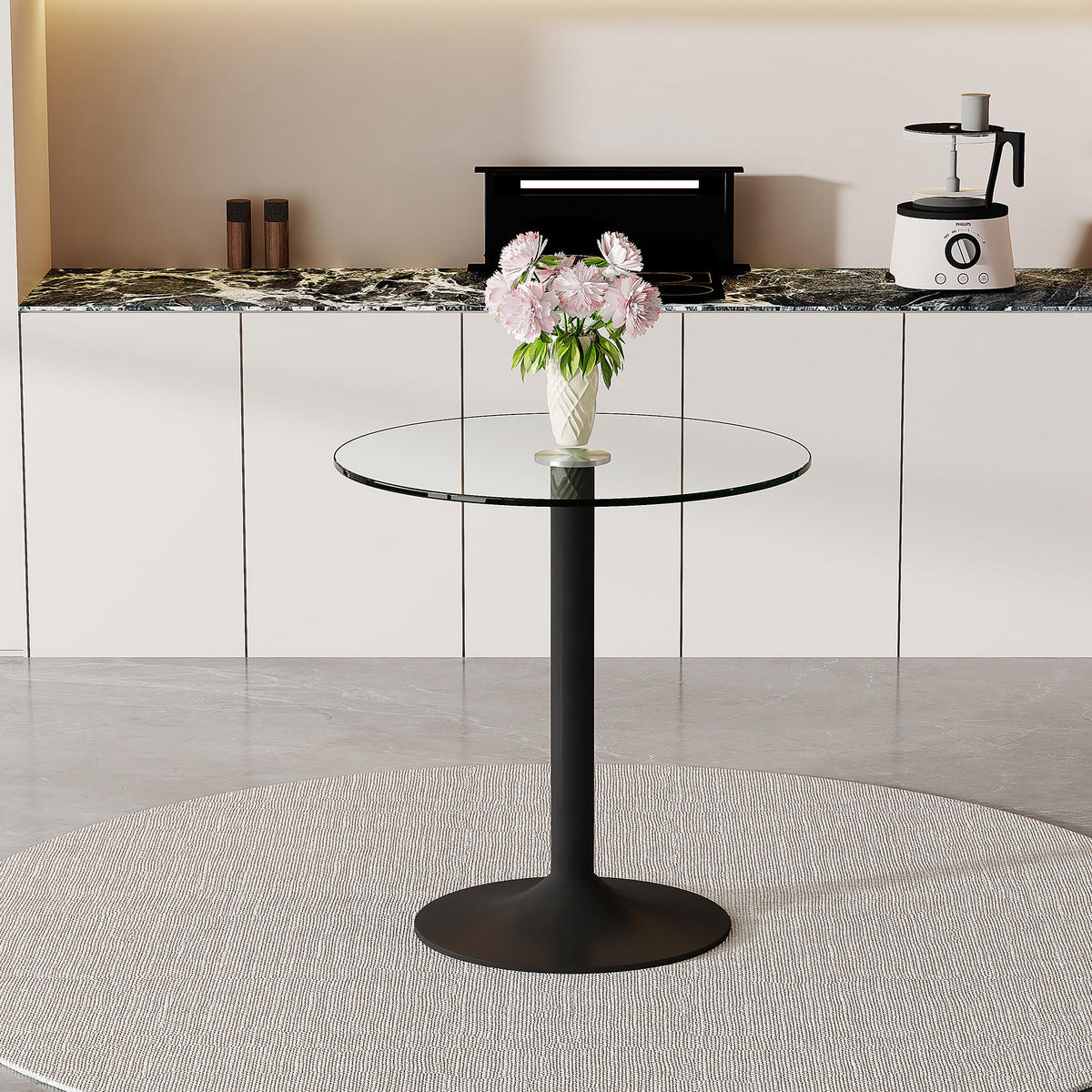 RUNDER Bartisch 89/89 cm, Höhe 92 cm mit Glasplatte und schwarzem Metallgestell - Schwarz, Holzwerkstoff (89/89/92cm) - BEAOK