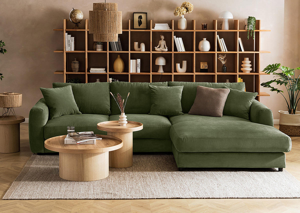 ECKSOFA mit Longchair - Schwarz/Grün, Holz/Kunststoff (286/183cm) - home24