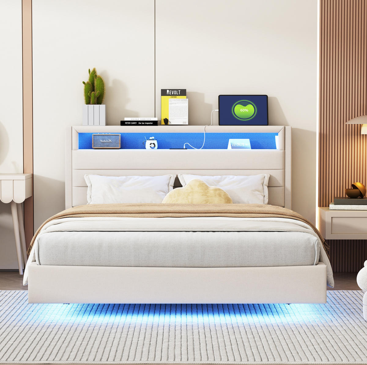 ČALOUNĚNÁ postel 140/200 cm béžová z lněné tkaniny s USB, LED a otočným čelem - béžová, textil (140/200cm) - OKWISH