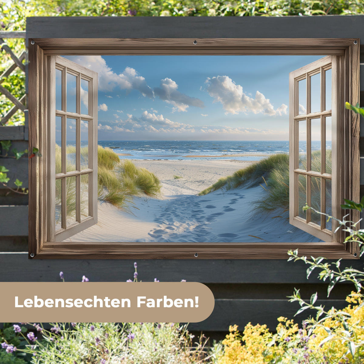 ZAHRADNÍ PLAKÁT Pohled - Pláž - Okno - Duny - Moře 180x120 cm - světle modrá, plast (180/120/0.2cm) - OnlyWow