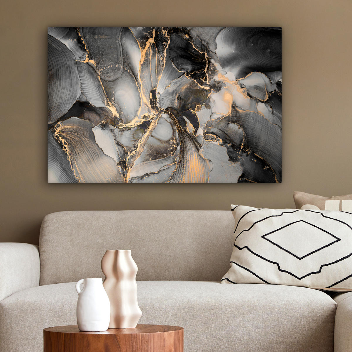 LEINWANDBILD Grau - Luxus - Gold - Marmor XXL 150x100 cm - Dunkelgrau, Textil (150/100cm) - MuchoWow