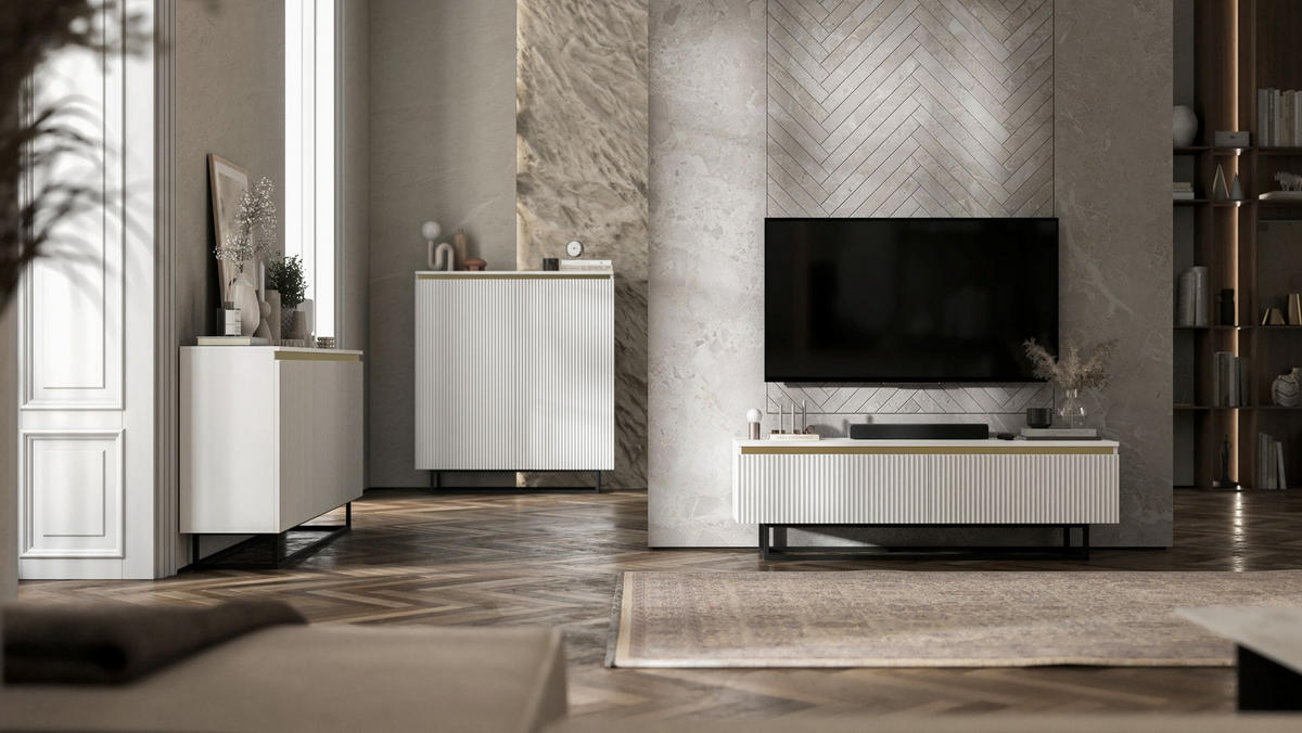 TV-SCHRANK Selene Weiß Matt mit Metallrahmen 140 cm - Schwarz/Weiß, Holzwerkstoff/Metall (140/44/35cm) - Meble Lindner