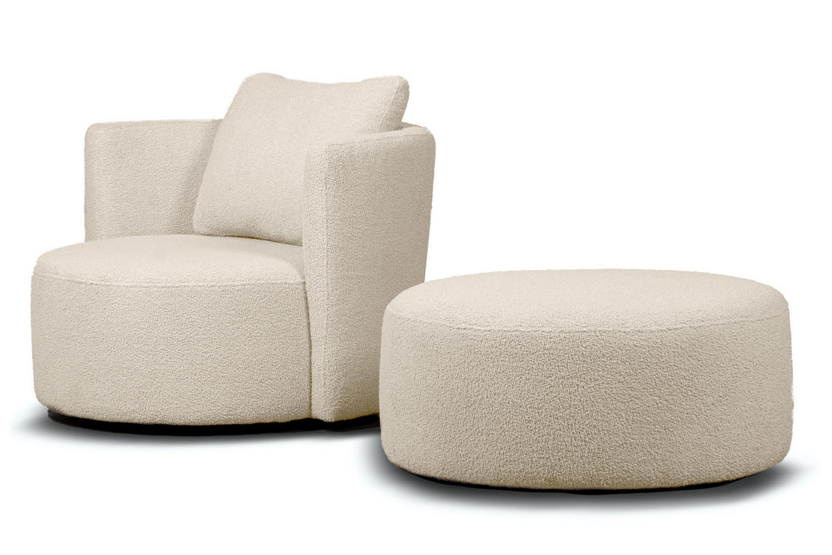 DREHSESSEL-SET RAGGI inkl. Sitzhocker, Boucle, Ecru - Ecru, Textil (92/75/80cm) - KONSIMO®