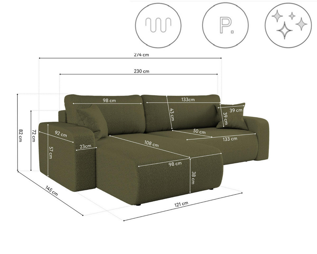 SCHLAFSOFA MILANO XL Und Bettkasten Stoff Quelle Olive Links - Olivgrün, Holz (145/82/274cm) - Kaiser Möbel