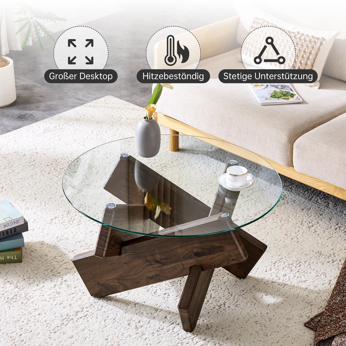 COUCHTISCH 79 cm in Walnuss/Transparent mit Glasplatte und Kreuzgestell - Klar, Holzwerkstoff (79/79/45cm) - Flora Grace
