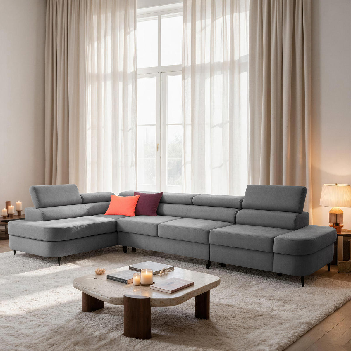 ECKSOFA PRIAM MAXI L-Form Links mit Schlaffunktion 125x195 Velours Grau - Schwarz/Grau, Holz/Textil (203/350cm) - Muffo