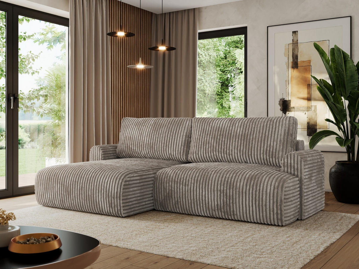 ECKSCHLAFSOFA TONO L Hellbraun Cord - links - Hellbraun/Schwarz, Kunststoff/Textil (260/150cm) - MKS