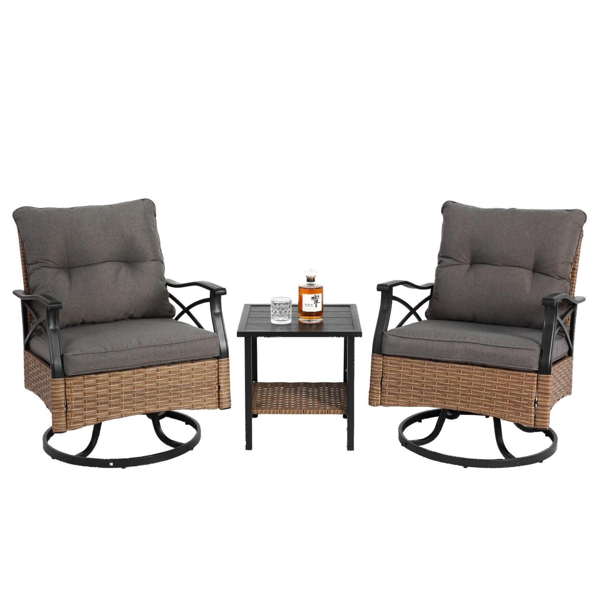 BALKONSET 3-teilig, PE-Rattan Schaukelstuhl, Grau - Grau, Metall - LVHOM