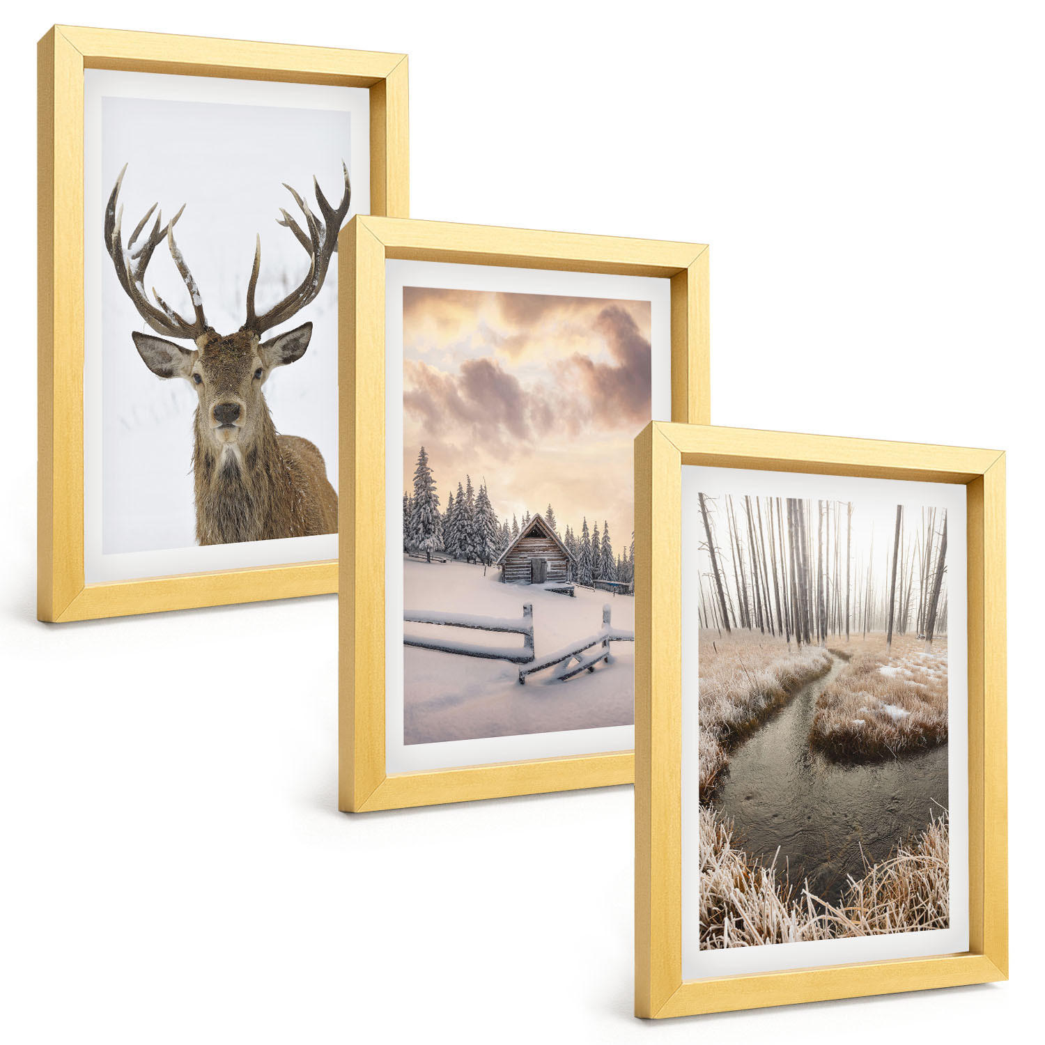BILDER SET 3er Set - 20x30 cm Goldrahmen - Hirschhütte in Winterlandschaft - Goldfarben, Kunststoff (20/30cm) - TULUP
