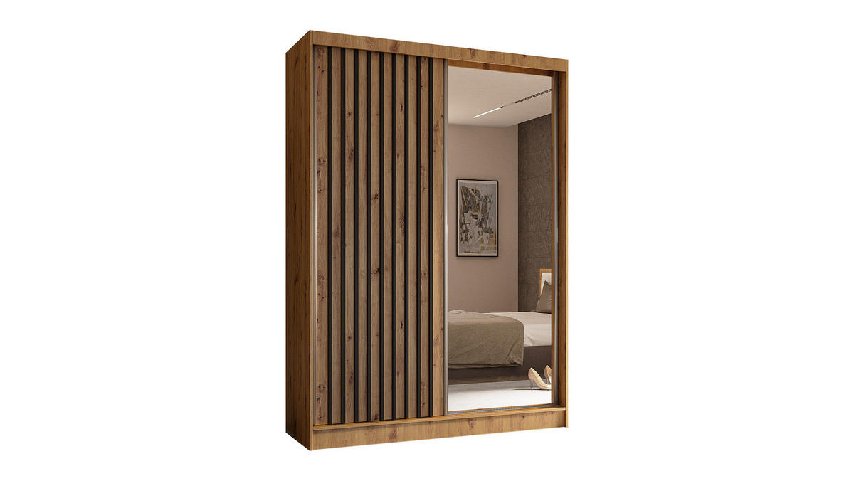 KLEIDERSCHRANK mit Spiegel-Schiebetüren und Aluminium-Leisten, LED-Beleuchtung - LAMELO- 150 cm Artisan+Artisan+Schwarz - Schwarz/Eiche Artisan, Holzwerkstoff (150/216/61cm) - ALTDECOR