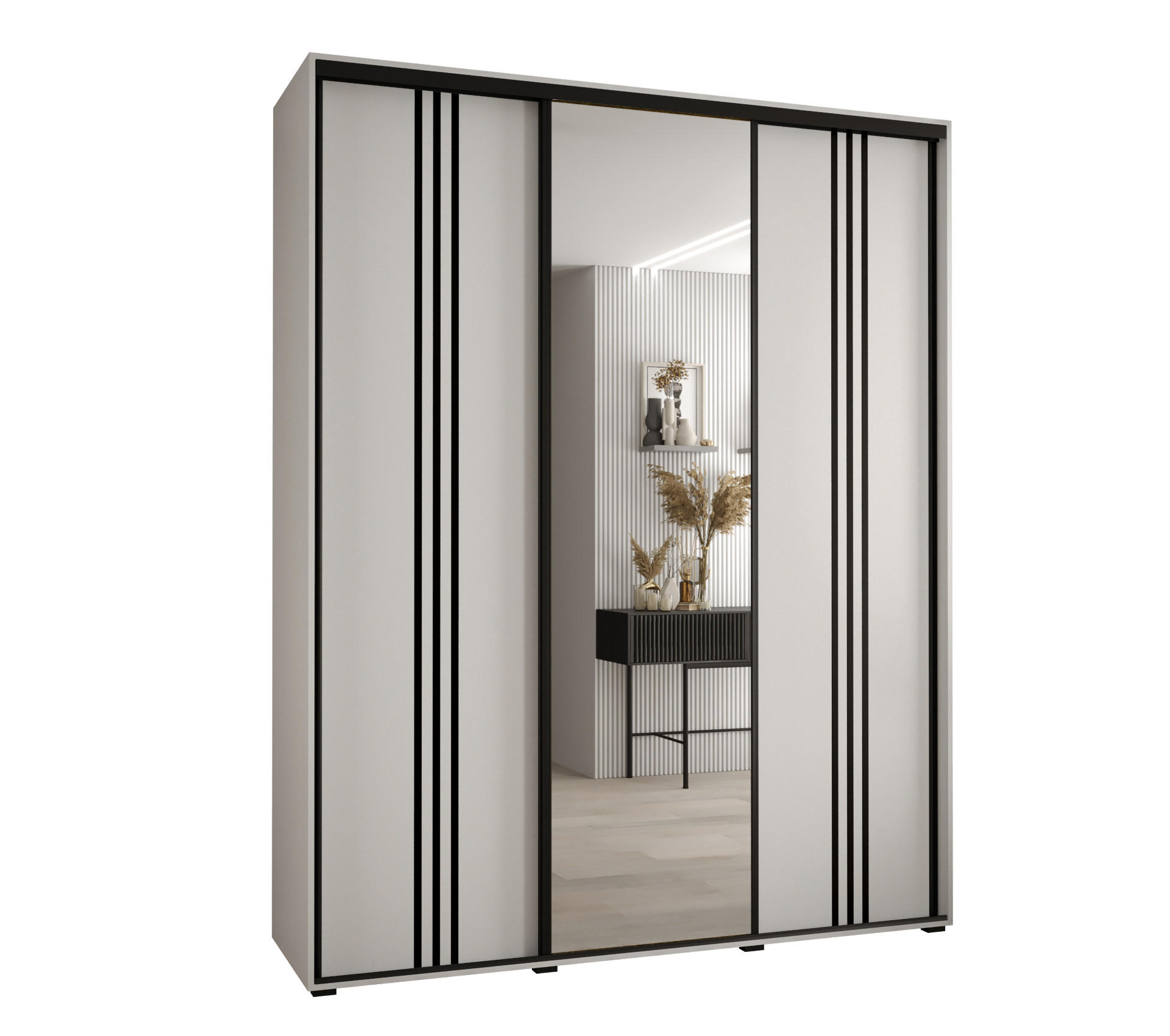 Abiks Möbel Schwebetürenschrank Weiß, Weiß, Schwarz 190x235x60 cm