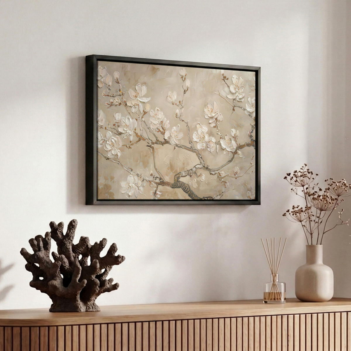 LEINWAND Bilder mit Rahmen - Blumen - Modern - Beige - Weiß - Blüte - 30x20 - Beige, Textil (30/20cm) - MuchoWow