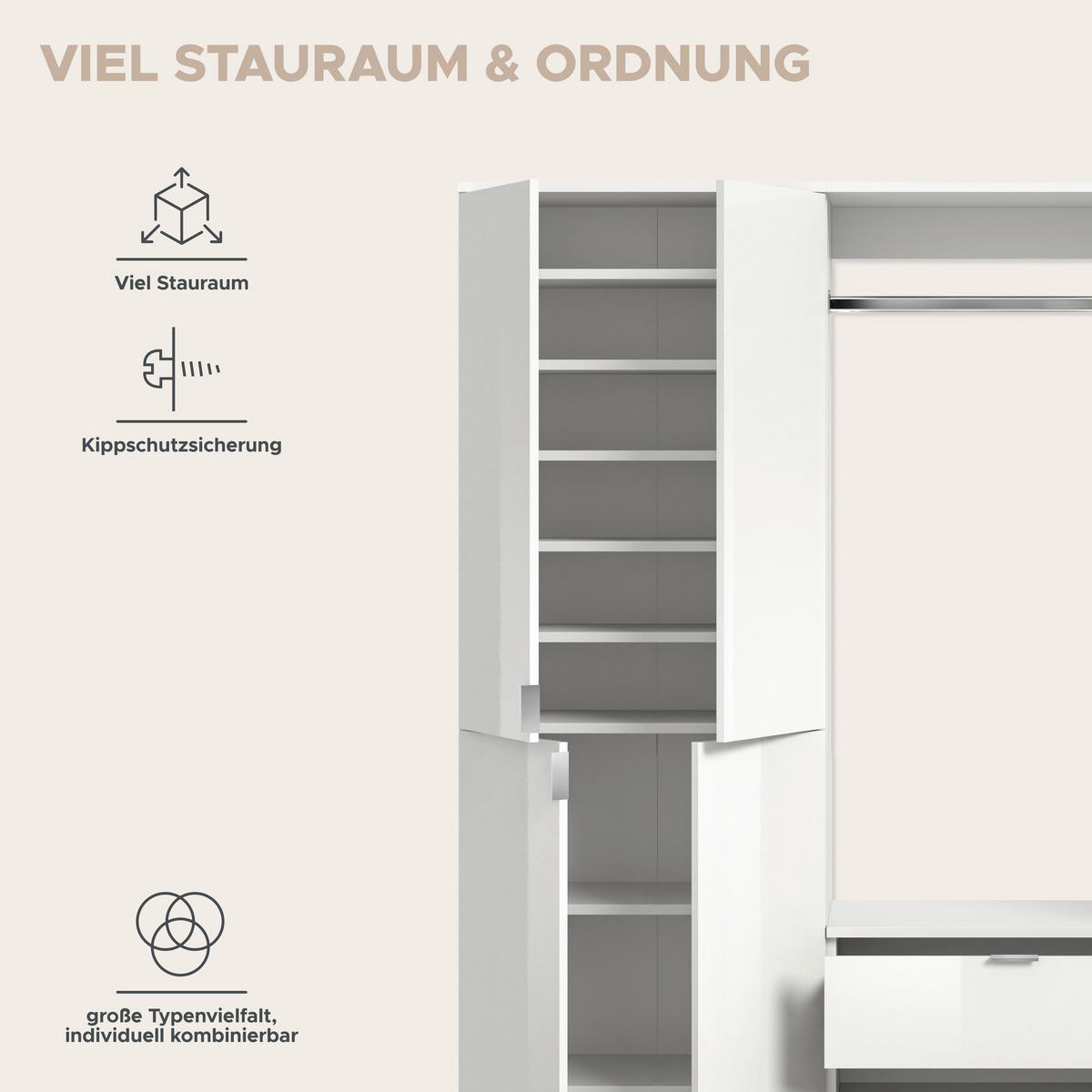 GARDEROBENKOMBINATION 4tlg. Projekt X Garderobe in weiß Nb. und weiß hochglanz B/H/T: 212x193x34 cm - Weiß, Holzwerkstoff (212/193/34cm)