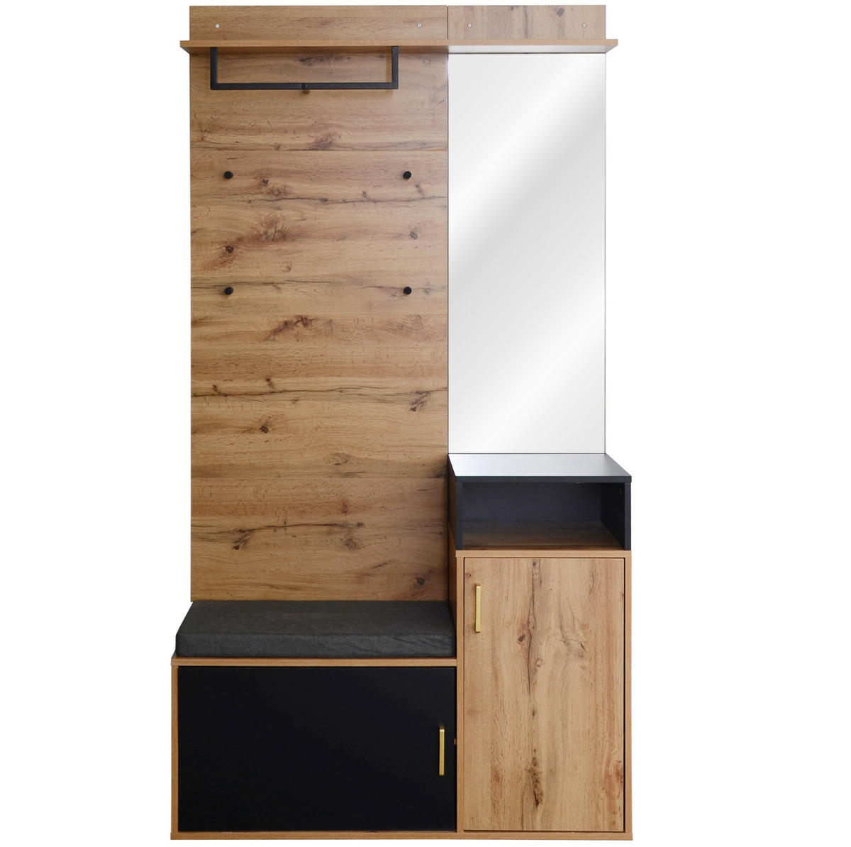 DIELENGARDEROBE mit Spiegel, Sitzbank und 4 Haken 105/40/191,5 cm - Schwarz, Holzwerkstoff (105/191/40cm) - BEAOK