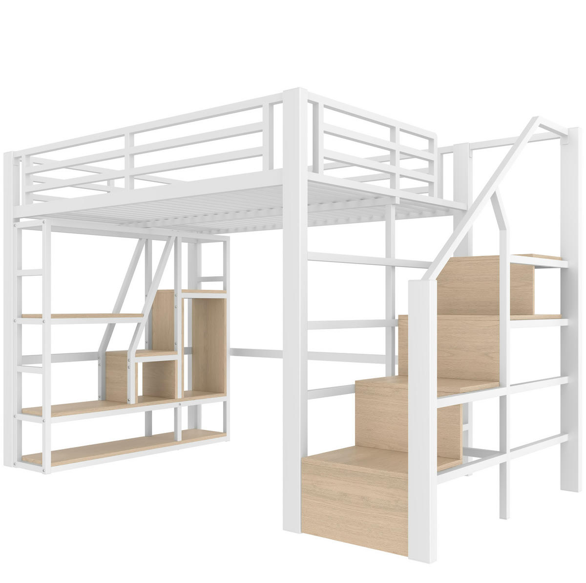 VYSOKÁ posteľ 140/200 cm biela z MDF a kovu s LED osvetlením a úložnými schodíkmi - biela, kompozitné drevo (140/200cm) - OKWISH