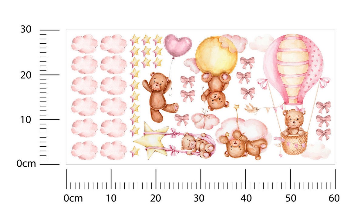 WANDSTICKER Teddybären rosa Wolken Sterne Ballons 60x30 - Gelb/Beige, Papier (60/30/1cm) - Muralo