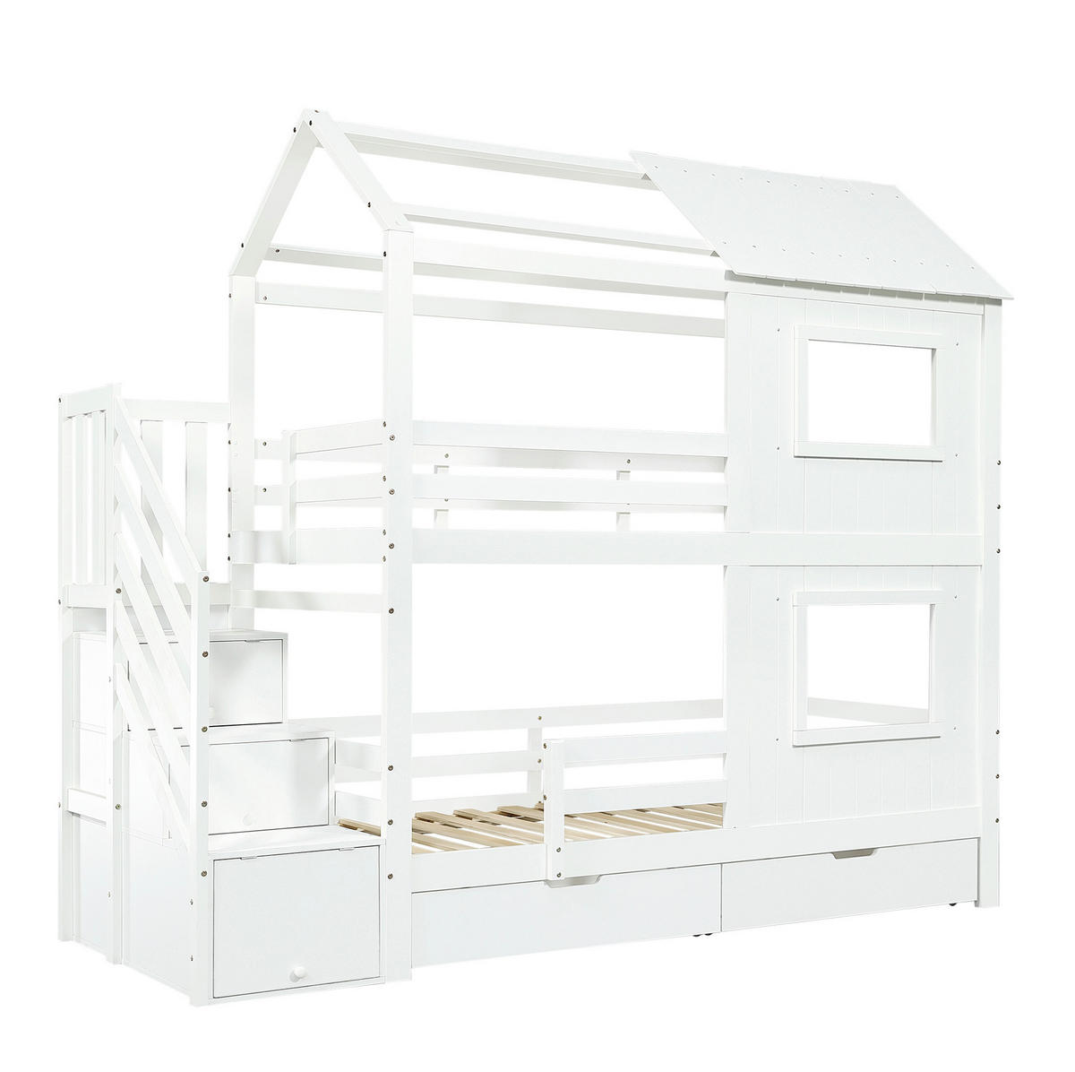 ETAGENBETT 90/200 cm Weiß mit Treppenschrank und Schublade ohne Matratze - Weiß, Holz (90/200cm) - MIVRAY