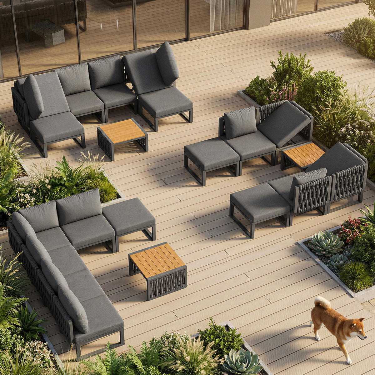 GARTENLOUNGE-SET 60/60/83 cm grau aus Metall und Polyester mit 5-fach verstellbaren Rückenlehnen - Braun, Metall - OKWISH